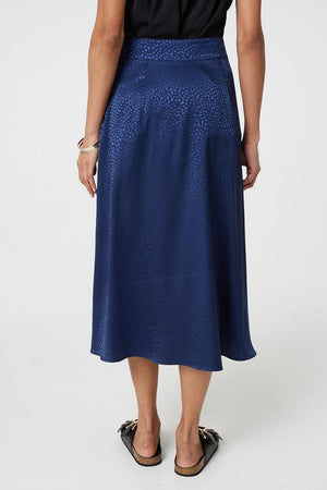 Navy | Animal Print Button Detail Midi Skirt
