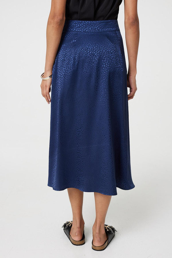 Navy | Animal Print Button Detail Midi Skirt
