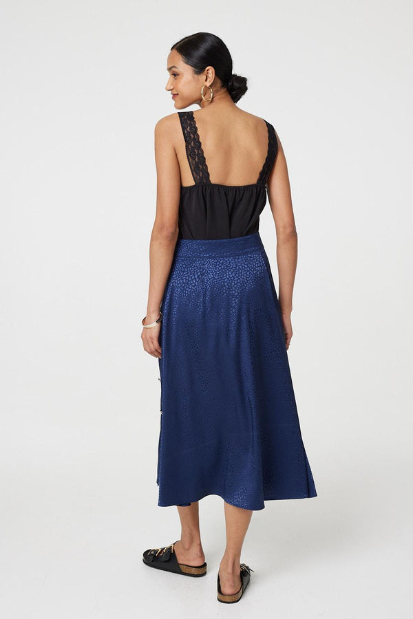 Navy | Animal Print Button Detail Midi Skirt
