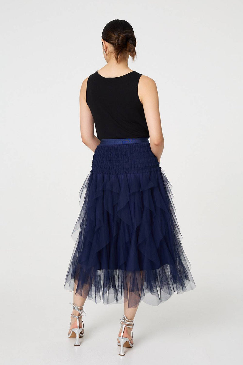 Ruffled Sheer Mesh High Waist Midi Skirt | Izabel London Ruffled Sheer Mesh High Waist Midi Skirt | Izabel London