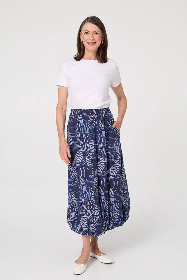 Navy | Printed High Waist Midi Balloon Skirt
