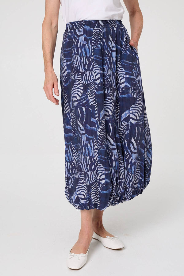 Navy | Printed High Waist Midi Balloon Skirt
