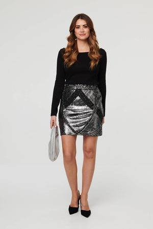 Silver | Metallic Sequin Embellished Mini Skirt
