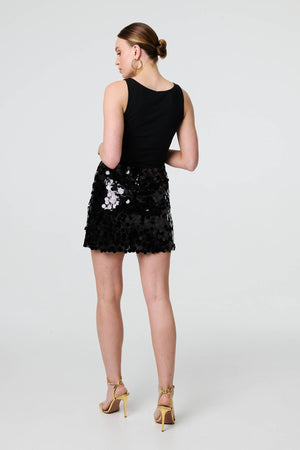 Black | Sequin Embellished A-Line Mini Skirt
