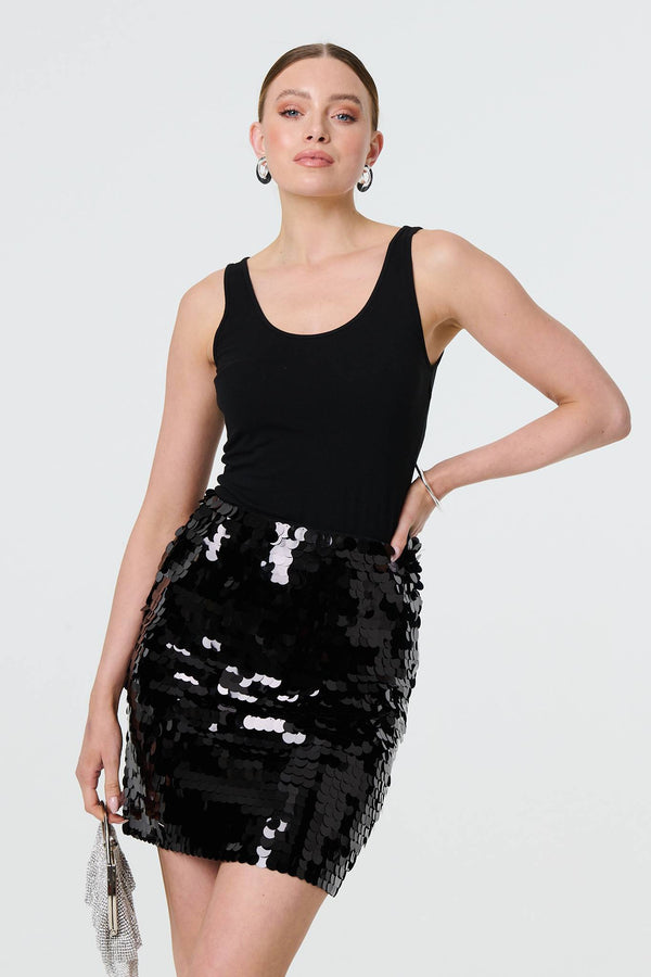 Black | Sequin Embellished High Waist Mini Skirt
