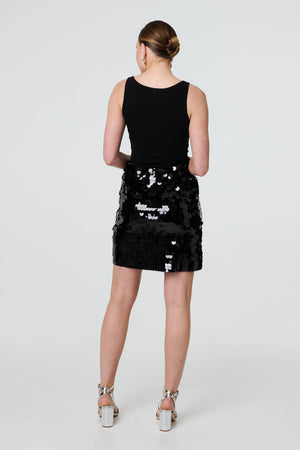 Black | Sequin Embellished High Waist Mini Skirt
