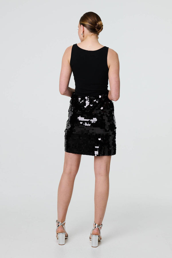 Black | Sequin Embellished High Waist Mini Skirt
