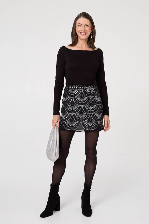 Black | Sequin Embellished Layered Mini Skirt
