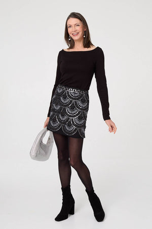 Black | Sequin Embellished Layered Mini Skirt
