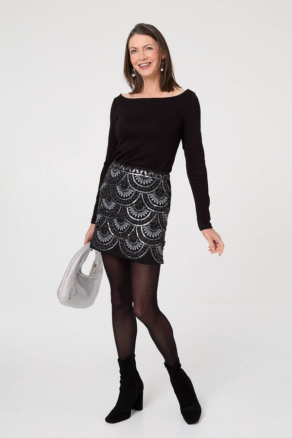 Black | Sequin Embellished Layered Mini Skirt
