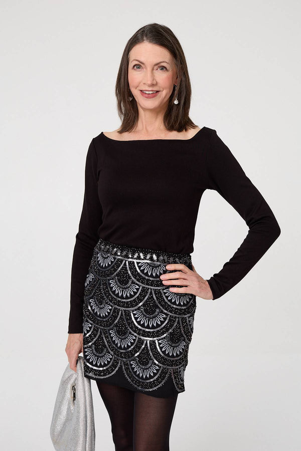 Black | Sequin Embellished Layered Mini Skirt : Model is 5'8"/172 cm and wears UK10/EU38/US6/AUS10