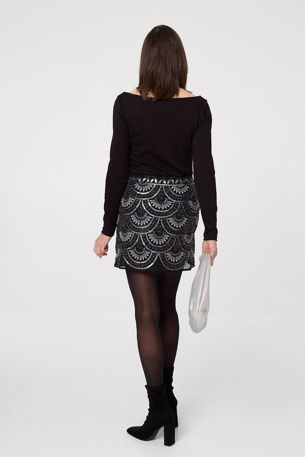 Black | Sequin Embellished Layered Mini Skirt
