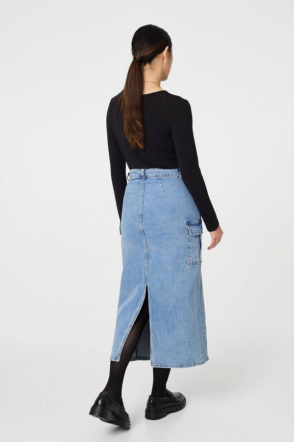 Blue | Denim High Waist Midi Cargo Skirt
