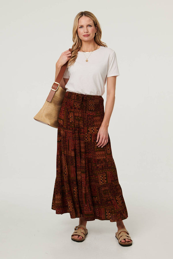 Brown | Patchwork Print High Waist Maxi Skirt