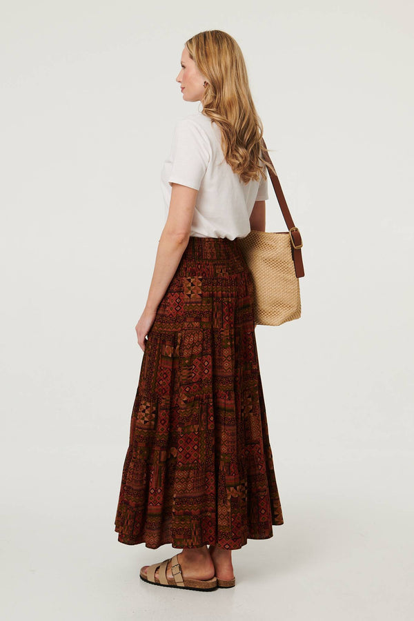 Brown | Patchwork Print High Waist Maxi Skirt