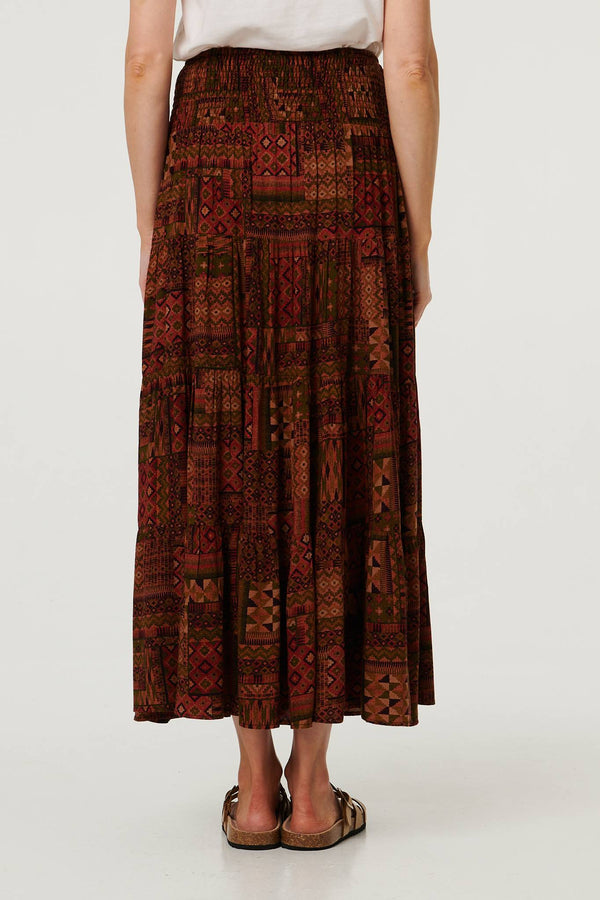 Brown | Patchwork Print High Waist Maxi Skirt