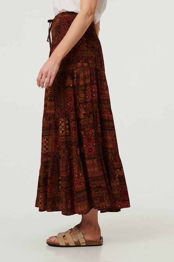 Brown | Patchwork Print High Waist Maxi Skirt