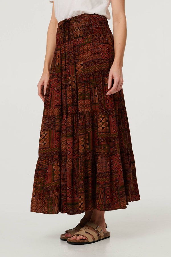 Brown | Patchwork Print High Waist Maxi Skirt