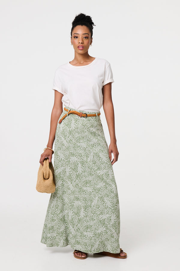 Green | Leaf Print Belt Detail Maxi Skirt
