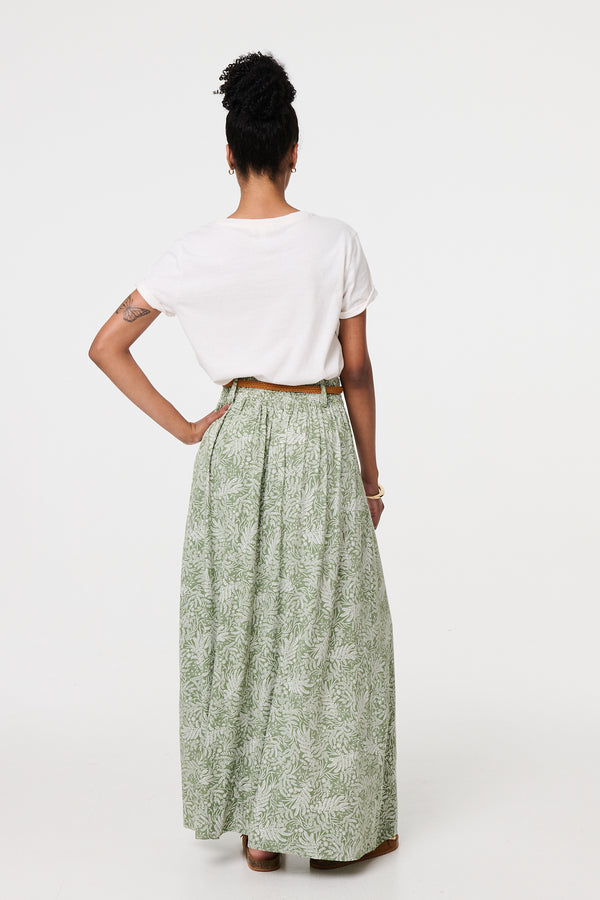 Green | Leaf Print Belt Detail Maxi Skirt
