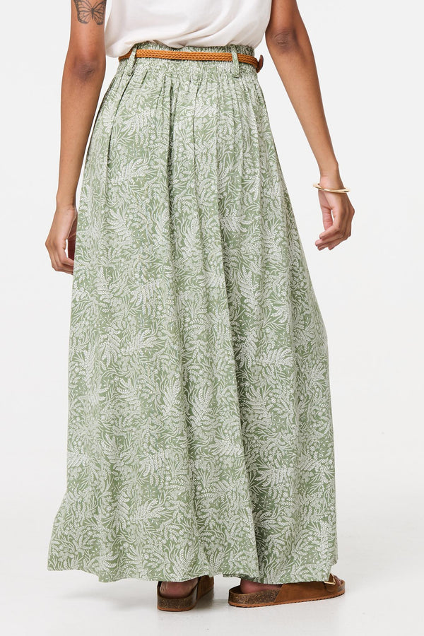 Green | Leaf Print Belt Detail Maxi Skirt
