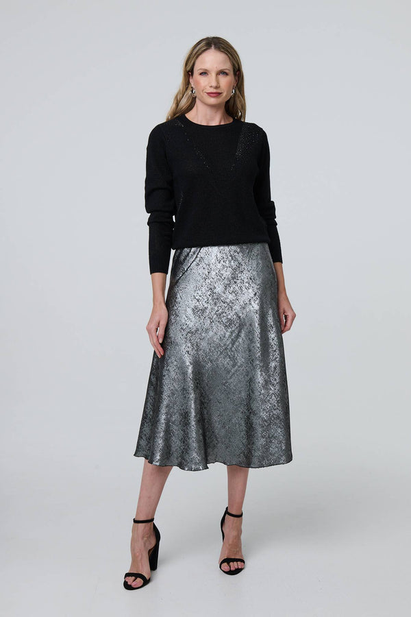 Silver | Metallic A-Line Midi Slip Skirt
