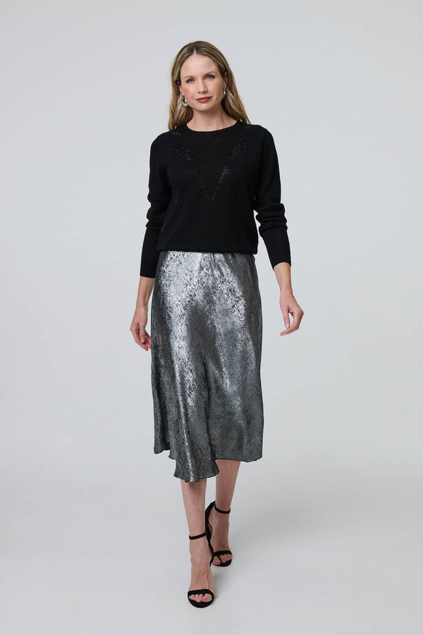 Silver | Metallic A-Line Midi Slip Skirt
