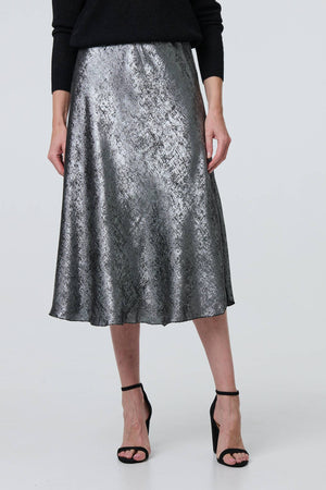 Silver | Metallic A-Line Midi Slip Skirt
