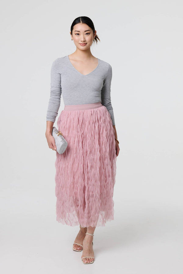 Pink | Ruffled High Waist Semi Sheer Midi Skirt

