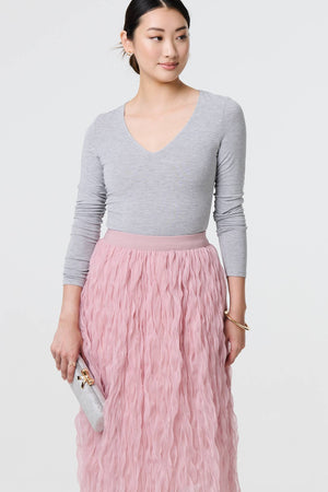 Pink | Ruffled High Waist Semi Sheer Midi Skirt
