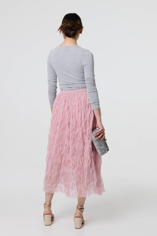 Pink | Ruffled High Waist Semi Sheer Midi Skirt

