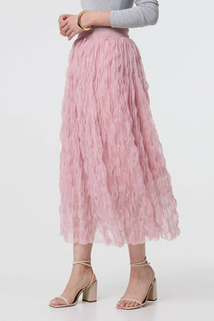 Pink | Ruffled High Waist Semi Sheer Midi Skirt
