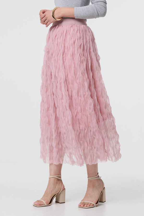 Pink | Ruffled High Waist Semi Sheer Midi Skirt
