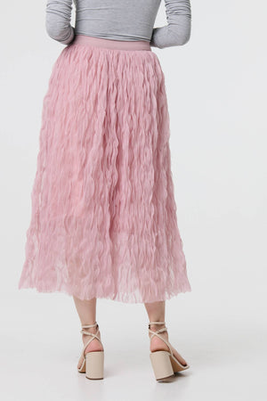 Pink | Ruffled High Waist Semi Sheer Midi Skirt
