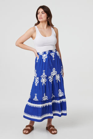 Blue | Ikat Print Tiered High Waist Midi Skirt
