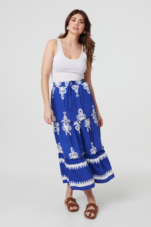 Blue | Ikat Print Tiered High Waist Midi Skirt
