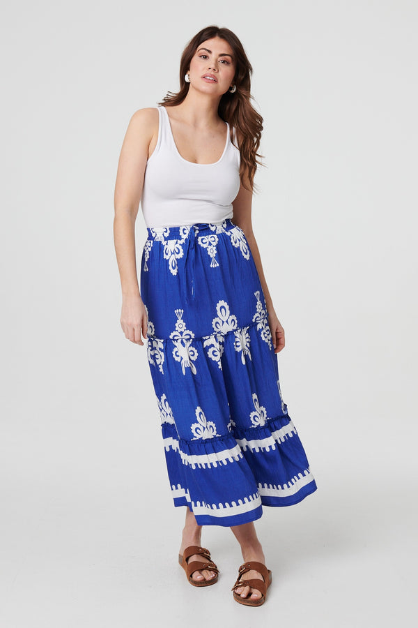 Blue | Ikat Print Tiered High Waist Midi Skirt
