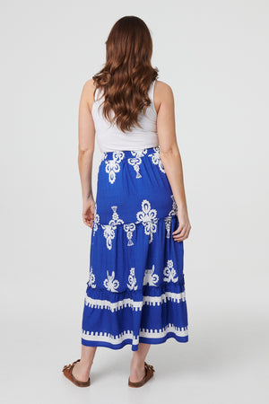 Blue | Ikat Print Tiered High Waist Midi Skirt
