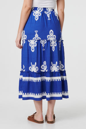 Blue | Ikat Print Tiered High Waist Midi Skirt
