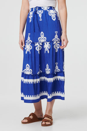 Blue | Ikat Print Tiered High Waist Midi Skirt
