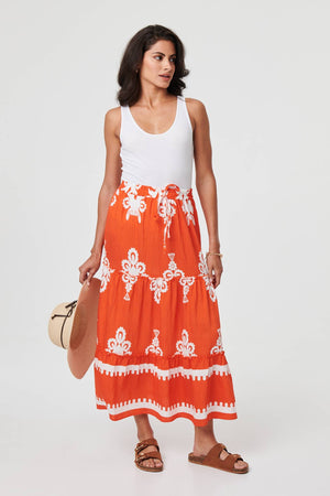 Orange | Ikat Print Tiered High Waist Midi Skirt
