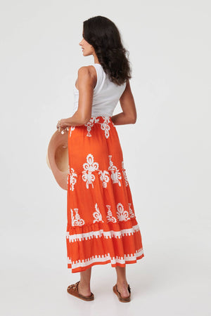 Orange | Ikat Print Tiered High Waist Midi Skirt
