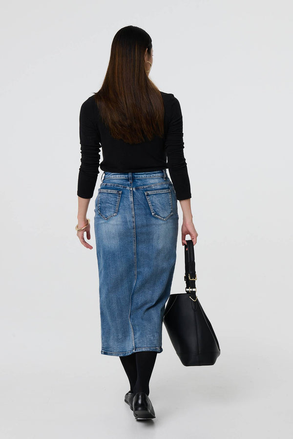 Blue | Washed Denim Split Hem Knee Length Skirt
