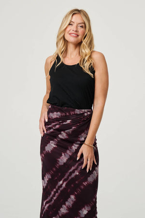 Burgundy | Tie Dye Ruched High Waist Midi Skirt
