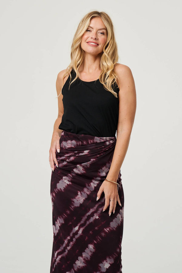 Burgundy | Tie Dye Ruched High Waist Midi Skirt

