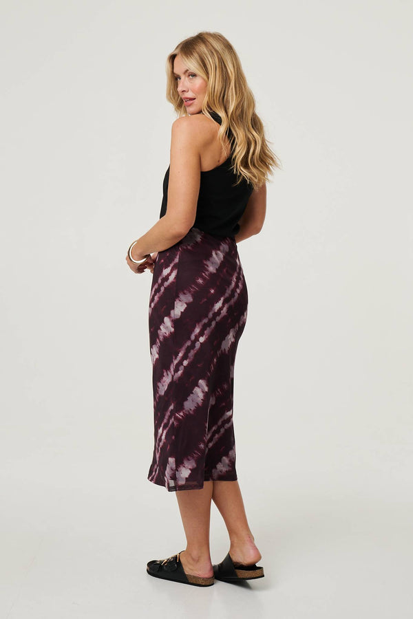 Burgundy | Tie Dye Ruched High Waist Midi Skirt

