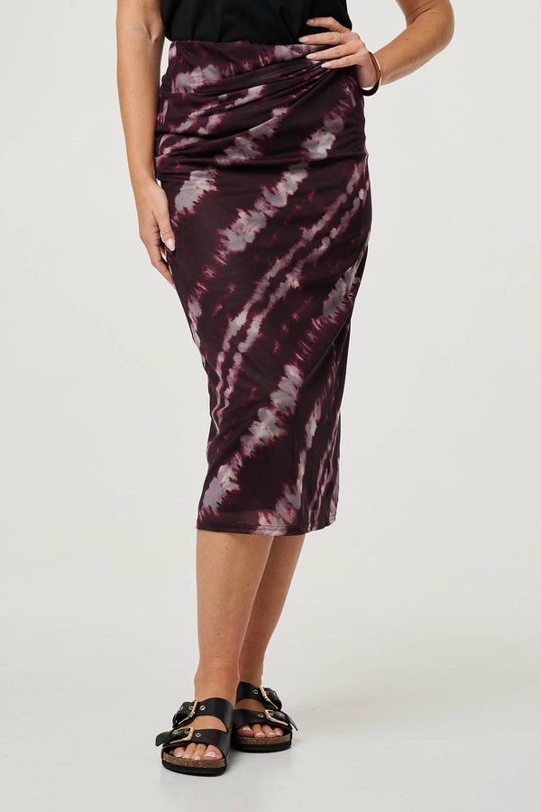 Burgundy | Tie Dye Ruched High Waist Midi Skirt

