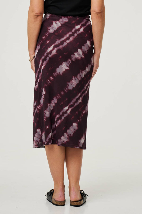 Burgundy | Tie Dye Ruched High Waist Midi Skirt
