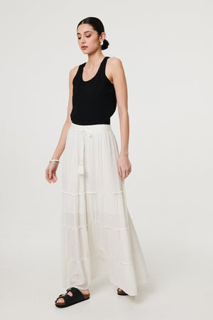 White | Textured High Waist Tiered Maxi Skirt
