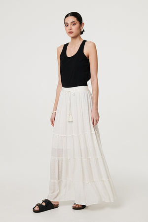 White | Textured High Waist Tiered Maxi Skirt
